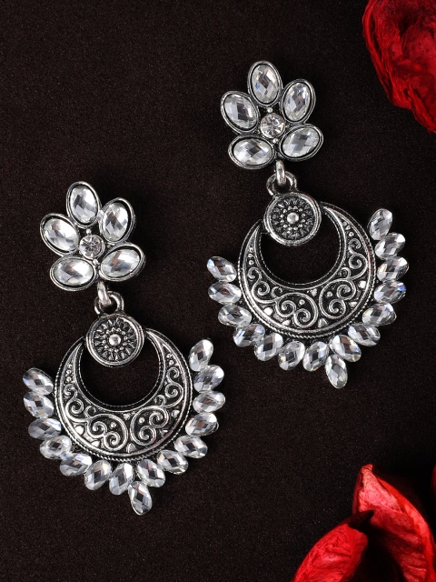 

Rubans Silver-Toned Oxidised Chandbali Earrings