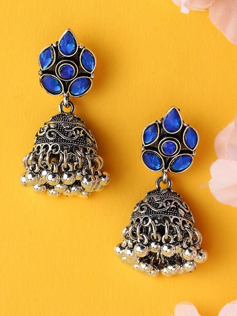 

Rubans Silver-Toned & Blue Oxidised Dome Shaped Jhumkas