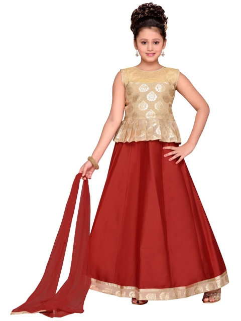 

ADIVA Girls Maroon & Beige Woven Design Ready to Wear Lehenga & Blouse with Dupatta