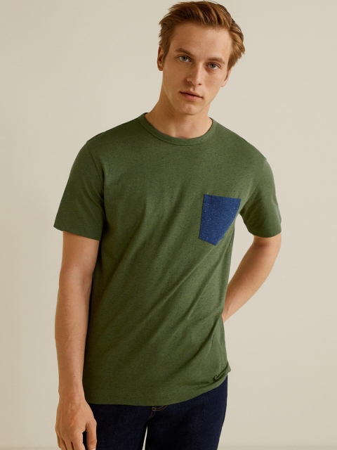 

MANGO MAN Men Olive Green Self-Design Round Neck T-shirt