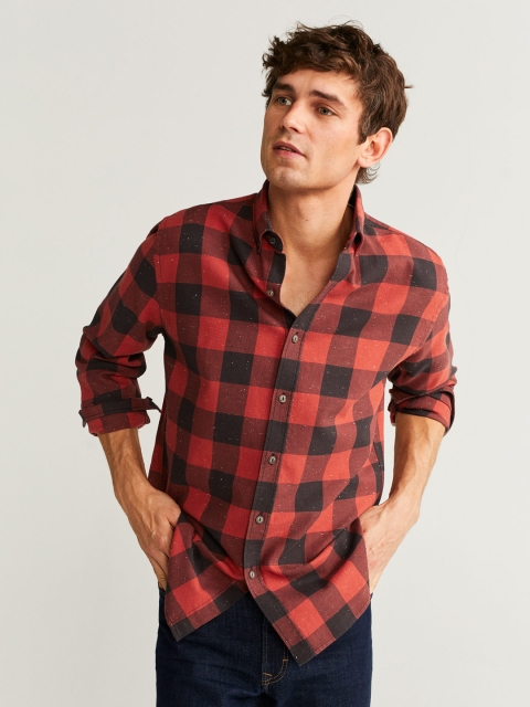 

MANGO MAN Men Rust Orange & Black Regular Fit Checked Casual Shirt
