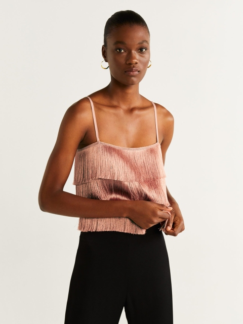 

MANGO Women Peach-Coloured Solid Crop Fringed Regular Top