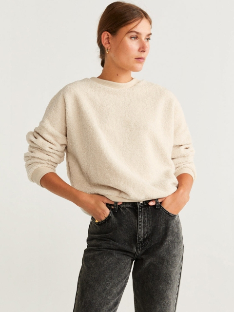 

MANGO Women Cream-Coloured Solid Sweatshirt