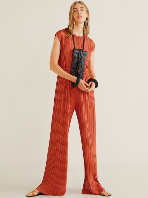 

MANGO Women Orange Solid Pleated Basic Jumpsuit