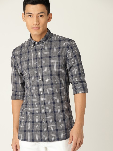 

MANGO MAN Grey & Navy Blue Slim Fit Checked Casual Shirt