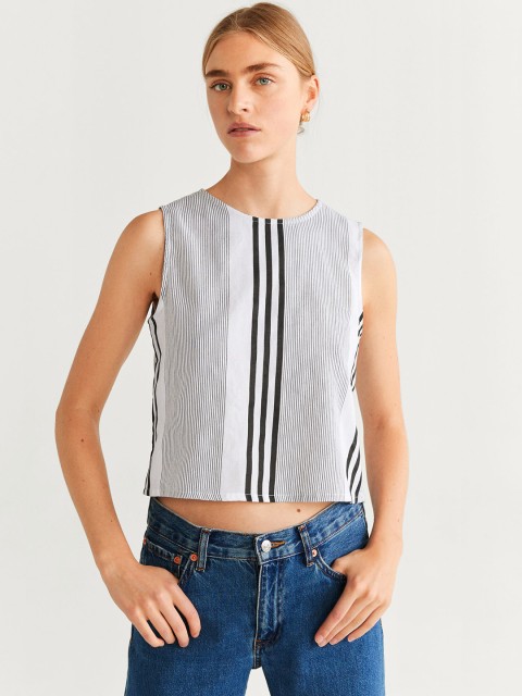

MANGO Women White & Black Striped Regular Top