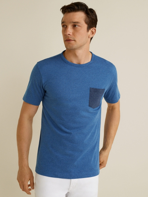 

MANGO MAN Men Blue Solid Round Neck T-shirt