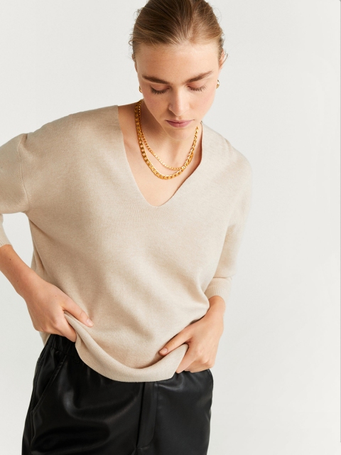 

MANGO Women Beige Solid Sweater