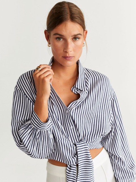 

MANGO Women White & Navy Blue Regular Fit Striped Casual Shirt
