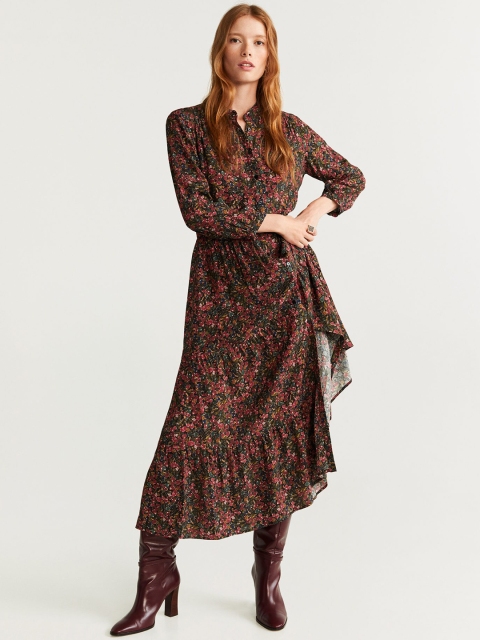 

MANGO Women Navy & Maroon Floral Print Tiered Maxi Dress, Navy blue