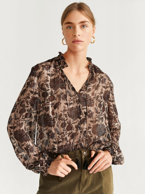 

MANGO Women Beige & Brown Semi-Sheer Floral Print Top