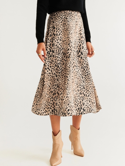 

MANGO Women Beige & Black Leopard Print A-Line Skirt