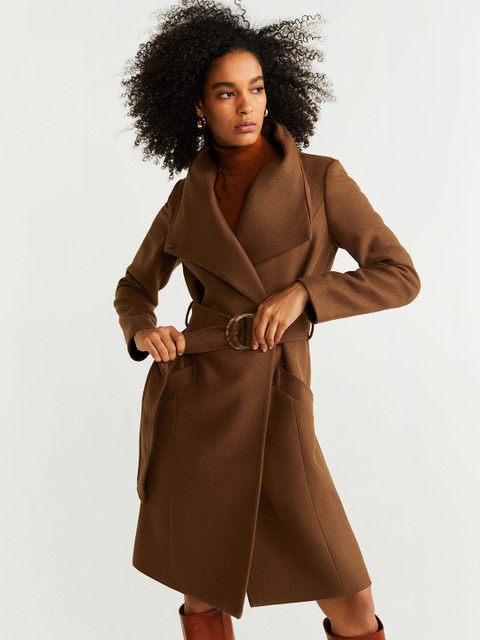 

MANGO Women Brown Solid Longline Coat