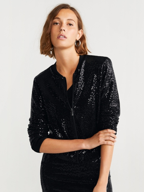 

MANGO Women Black Embellished Bomber Jacket