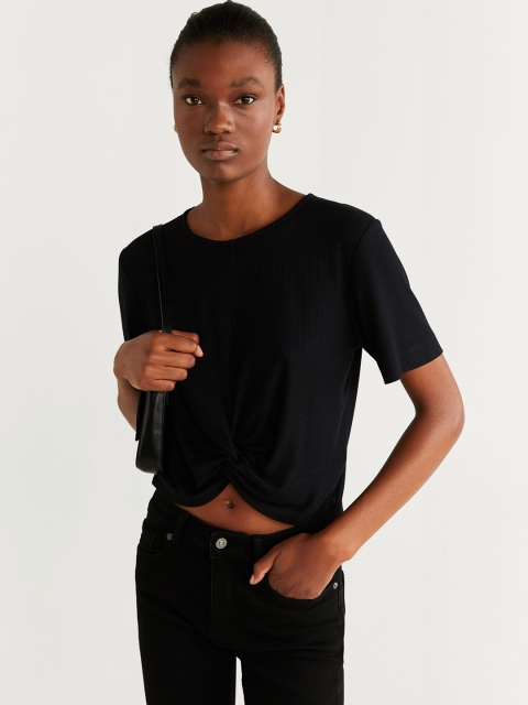 

MANGO Women Black Ribbed Cropped Regular Top