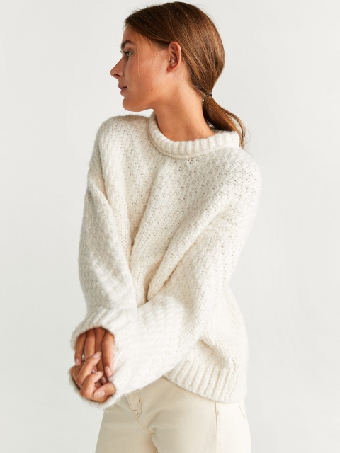 

MANGO Women White Self Design Pullover