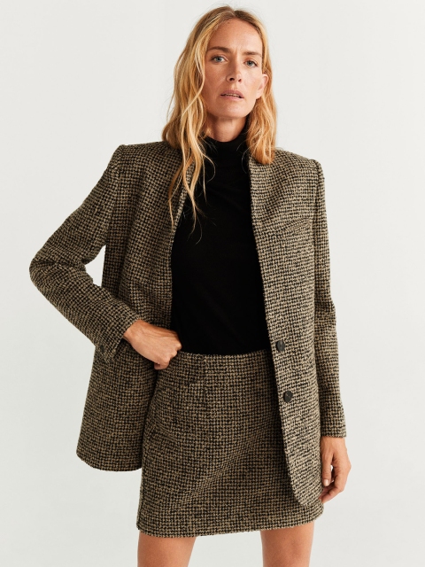 

MANGO Women Beige & Black Tweed Houndstooth Single-Breasted Smart Casual Blazer