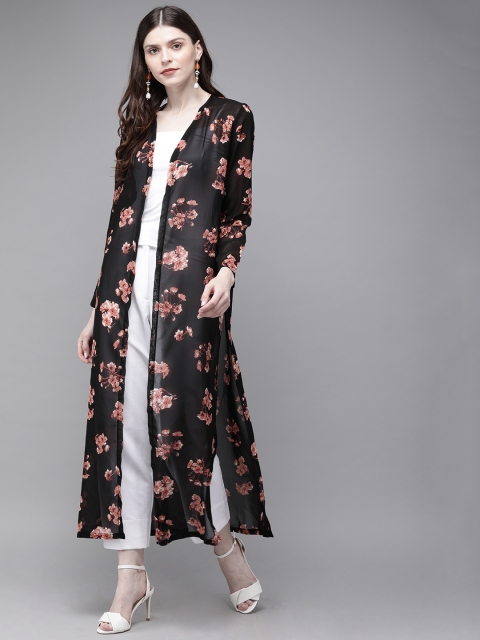 

SASSAFRAS Women Black & Pink Printed Open Front Longline Shrug