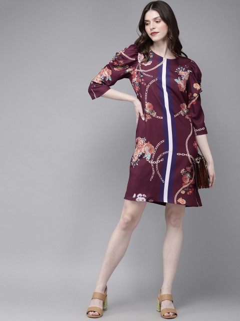 

SASSAFRAS Women Burgundy & Green Printed Sheath Dress