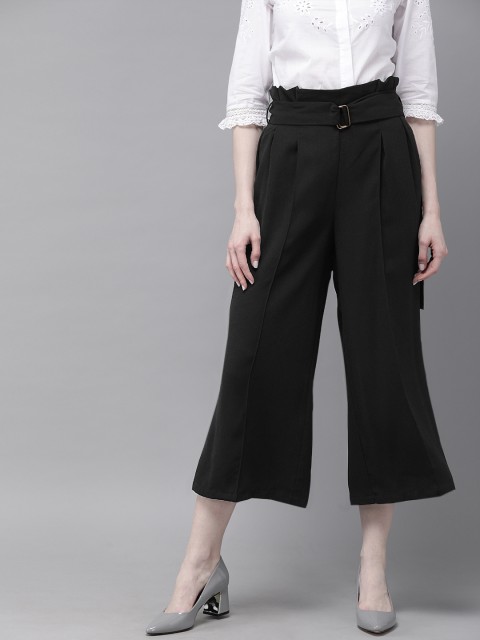 

SASSAFRAS Women Black Regular Fit Solid Culottes With Paper Bag Waist