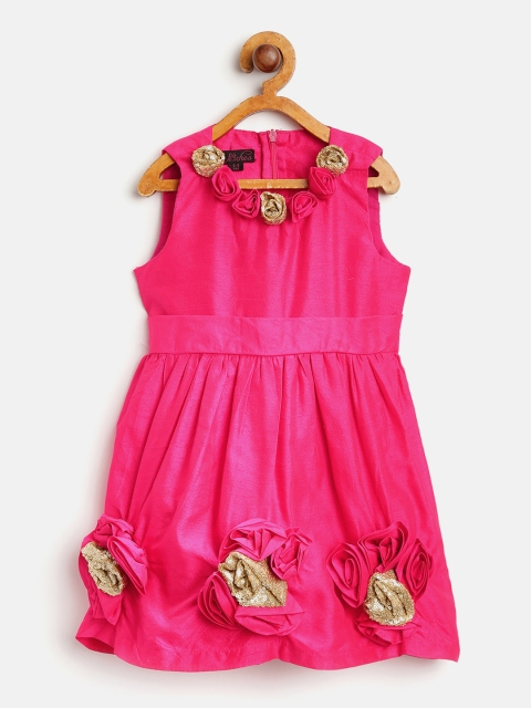 

pspeaches Girls Fuchsia Solid Fit & Flare Dress with Floral Applique Detail