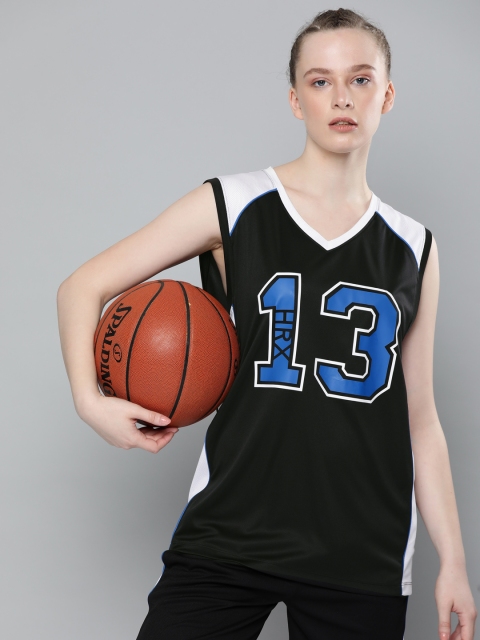 

HRX by Hrithik Roshan Women Black & Blue Printed Rapid Dry Regular Fit Basketball T-shirt