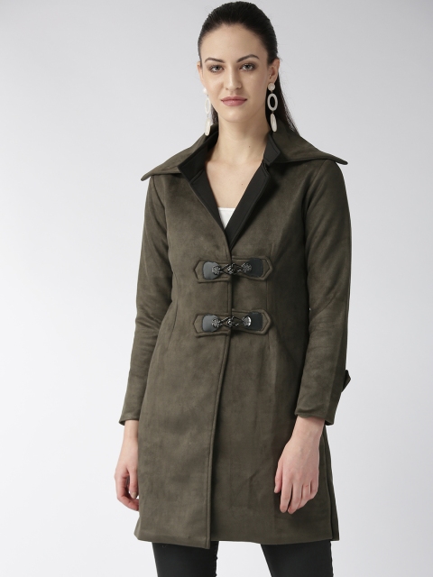 

WoowZerz Women Olive Green Suede Slim Fit Solid Trench Coat