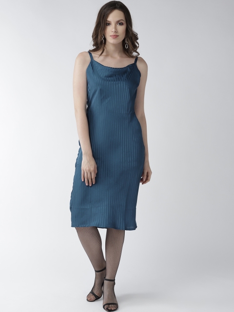 

WoowZerz Women Teal Blue Satin Finish Self Striped A-Line Dress