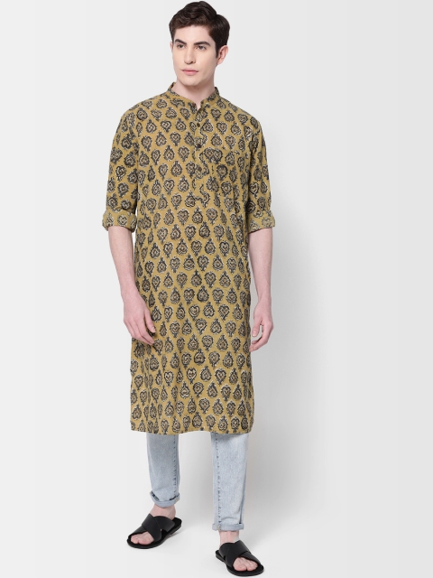 

Fabindia Men Beige & Navy Blue Slim Fit Handblock Print Straight Kurta