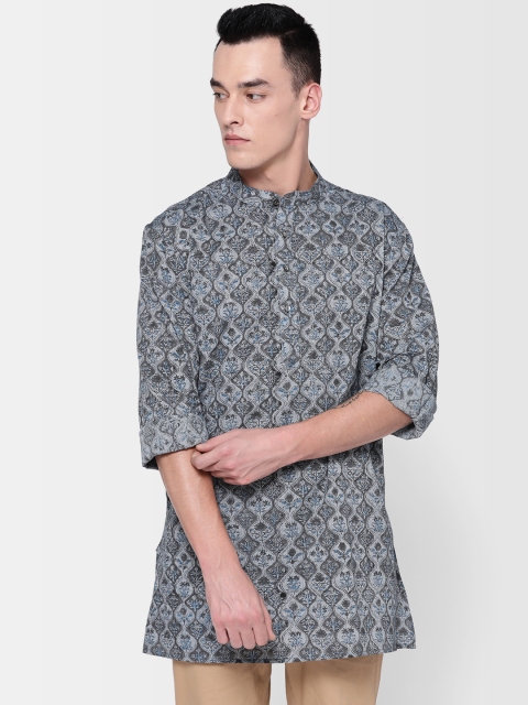 

Fabindia Men Grey & Blue Handblock Print Straight Kurta