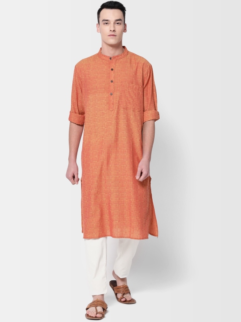 

Fabindia Men Orange & Yellow Comfort Fit Woven Design Straight Kurta