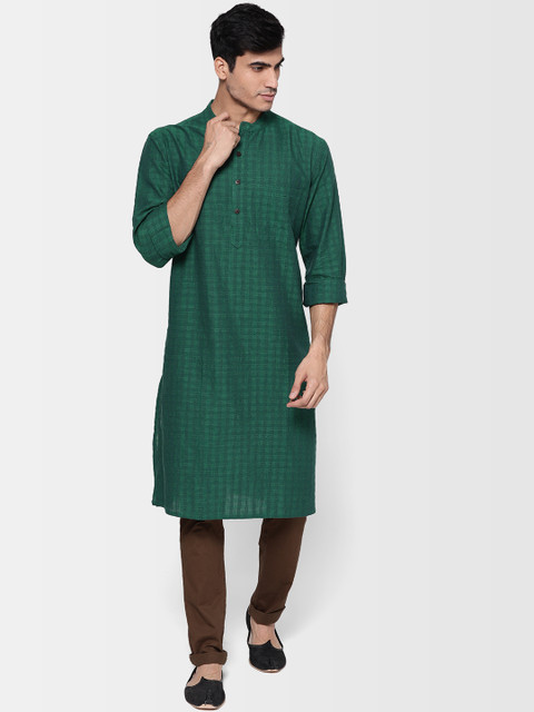 

Fabindia Men Green Checked Comfort Fit Straight Kurta