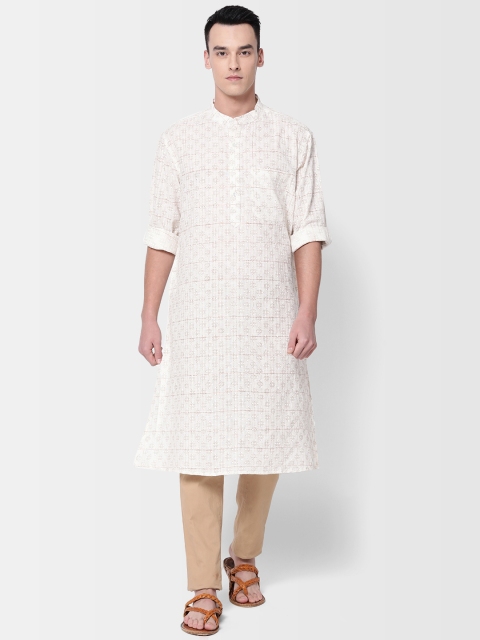 

Fabindia Men Off-White & Golden Hand block Print Comfort Fit Straight Kurta