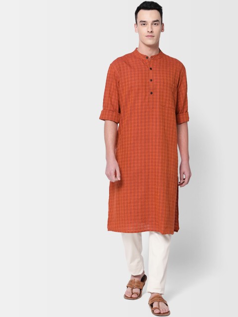 

Fabindia Men Orange Comfort Fit Checked Straight Kurta
