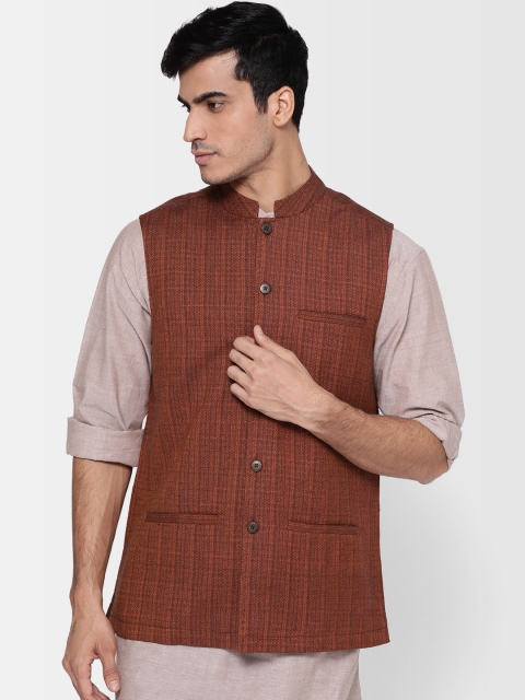

Fabindia Men Rust Brown Dobby Self-Design Pure Cotton Nehru Jacket