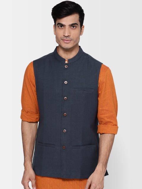 

Fabindia Men Navy Blue Dobby Pure Cotton Nehru Jacket