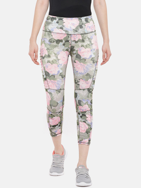 

ARX Active Women White & Green Printed Tights
