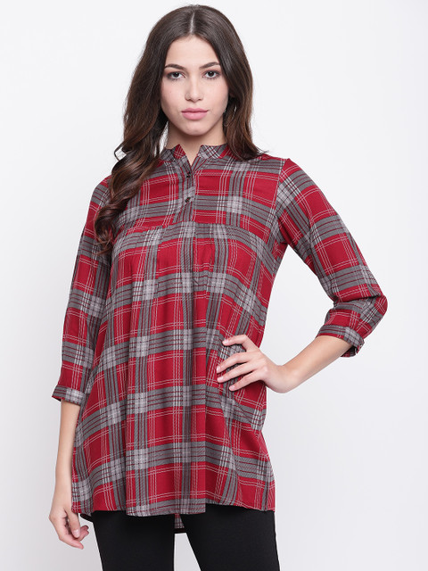 

Ginni Arora Label Women Red & Charcoal Grey Checked longline A-Line Top