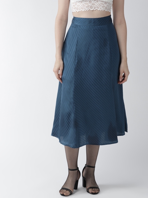 

WoowZerz Women Teal Blue Satin Finish Self Striped Midi A-Line Skirt