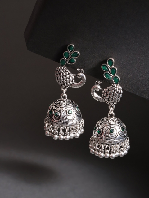 

Jewels Galaxy Green Oxidised Silver-Plated Stone-Studded Textured Dome Shaped Jhumkas