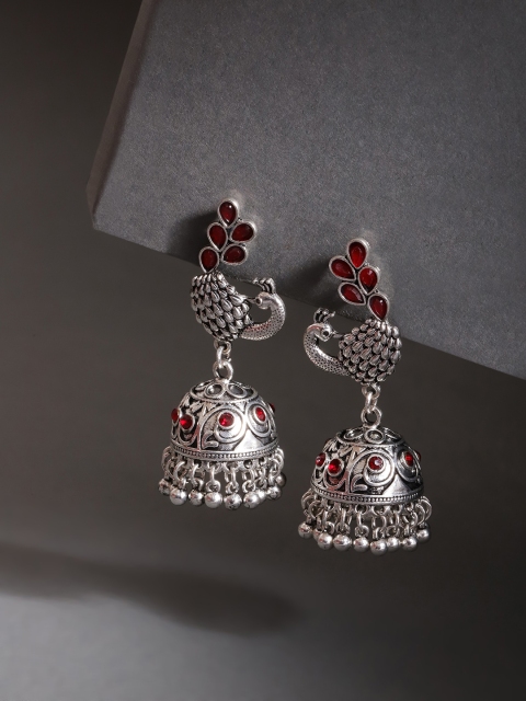 

Jewels Galaxy Burgundy Oxidised Silver-Plated Stone-Studded Textured Dome Shaped Jhumkas