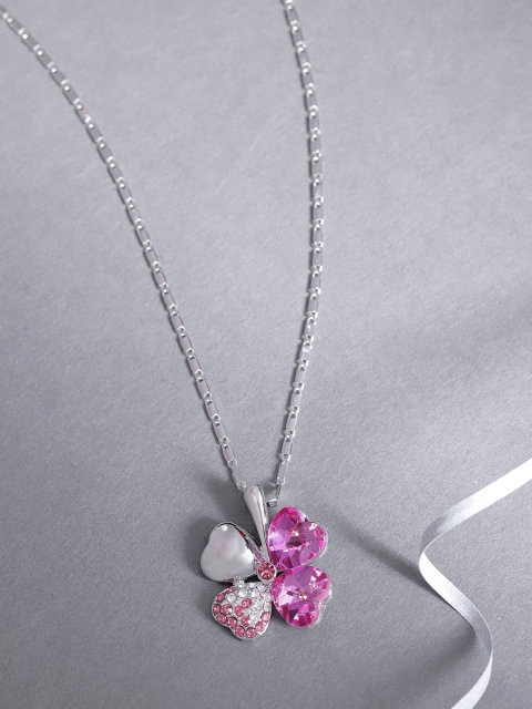 

Jewels Galaxy Pink Silver-Plated Stone-Studded Floral Shaped Pendant with Chain