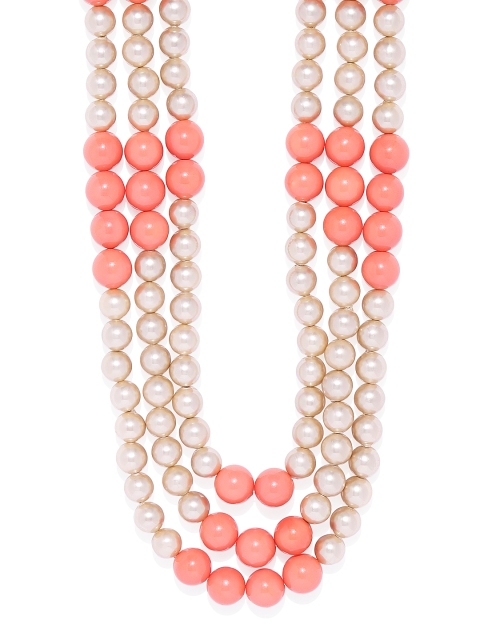 

Mahi Beige & Coral Pink Glass Beads Alloy Rhodium-Plated Three Layer Necklace