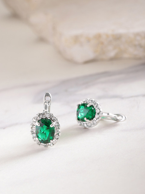 

YouBella Green Silver-Plated Stone-Studded Oval Drop Earrings