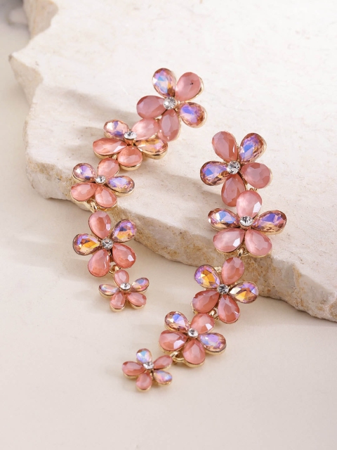 

YouBella Peach-Coloured Gold-Plated Stone-Studded Floral Drop Earrings