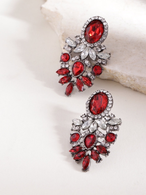 

YouBella Red Oxidised Silver-Plated Stone-Studded Contemporary Drop Earrings