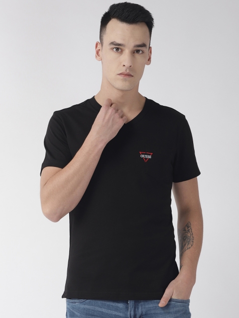

GUESS Men Black Solid V-Neck T-shirt