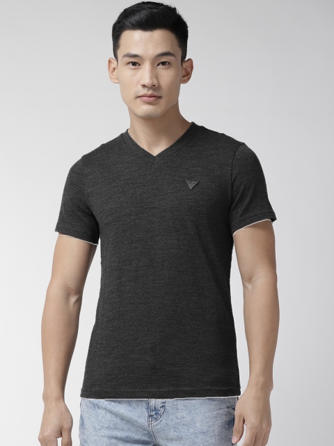 

GUESS Men Charcoal Grey Solid V-Neck T-shirt
