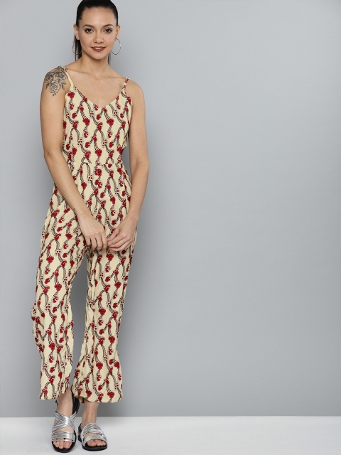 

HERE&NOW Women Beige & Maroon Printed Basic Jumpsuit