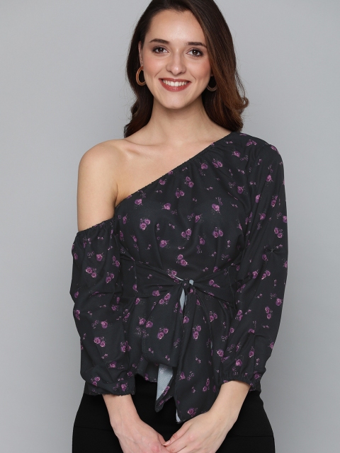 

HERE&NOW Women Black & Purple Printed One-Shoulder Top